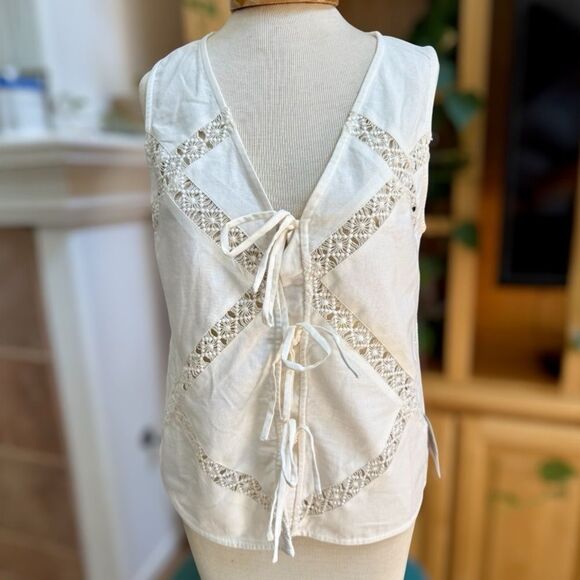 Lace Trim Tie Front Cotton & Linen Tank - Ivory NWT - Picture 8 of 8